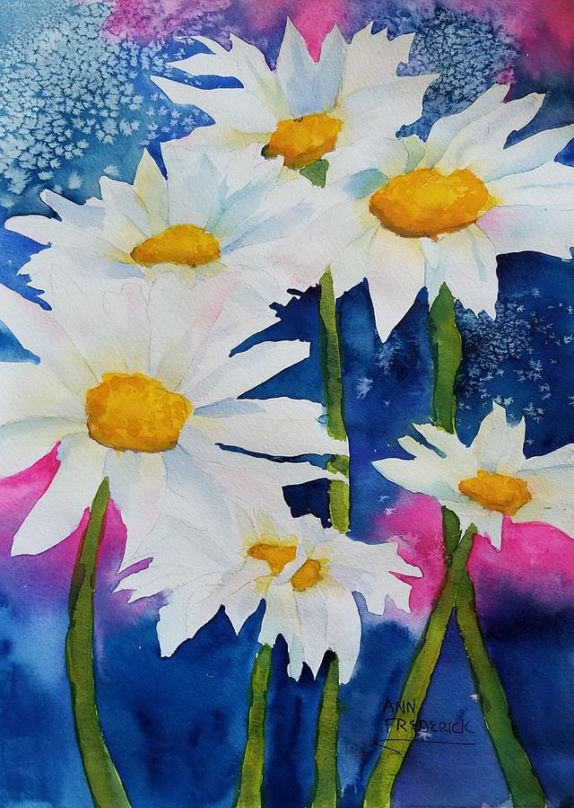 Daisies in Navy Painting by Ann Frederick