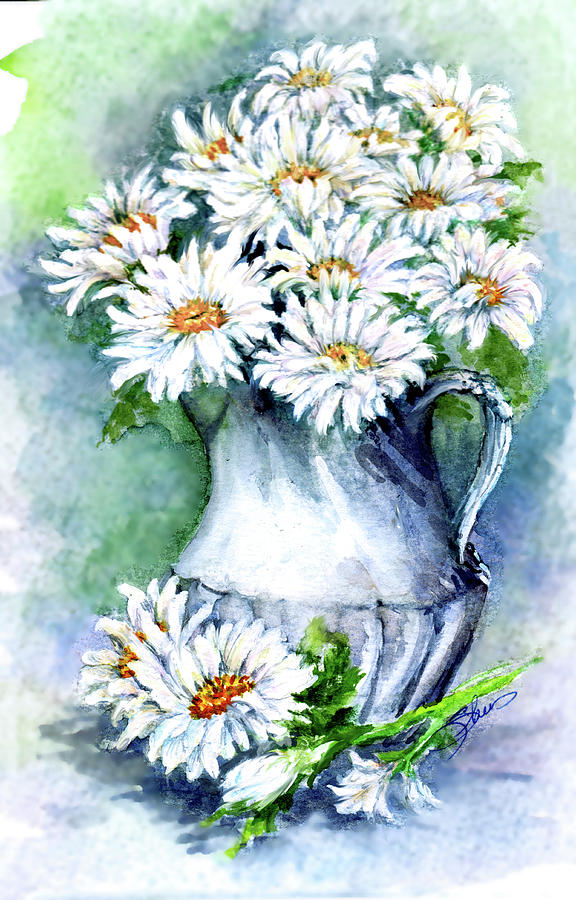 Flowers Still Life Mixed Media - Daisies Watercolor Sketch by Sher Sester