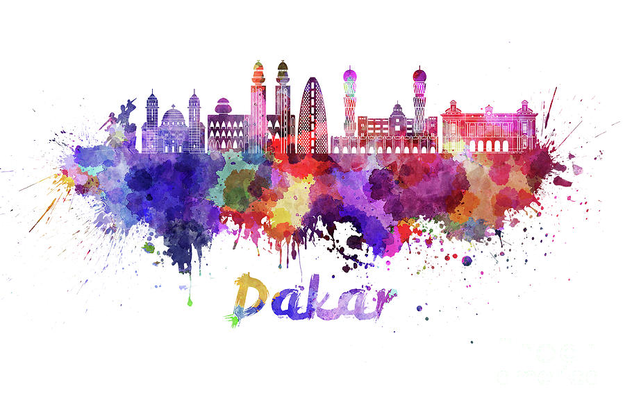 Dakar skyline in watercolor splatters  Painting by Pablo Romero