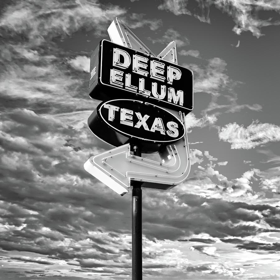 Dallas Deep Ellum Texas Vintage Neon and Clouds - Monochrome Photograph by Gregory Ballos