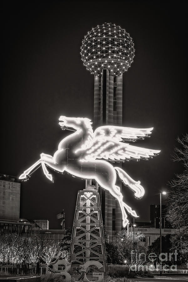 Dallas Neon Pegasus Night B W Vertical Photograph by Bee Creek Photography - Tod and Cynthia