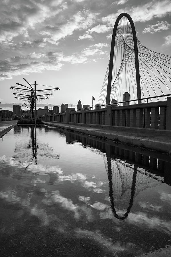 Dallas Skyline and Margaret Hunt Hill Bridge Reflections - Monochrome Edition Photograph by Gregory Ballos