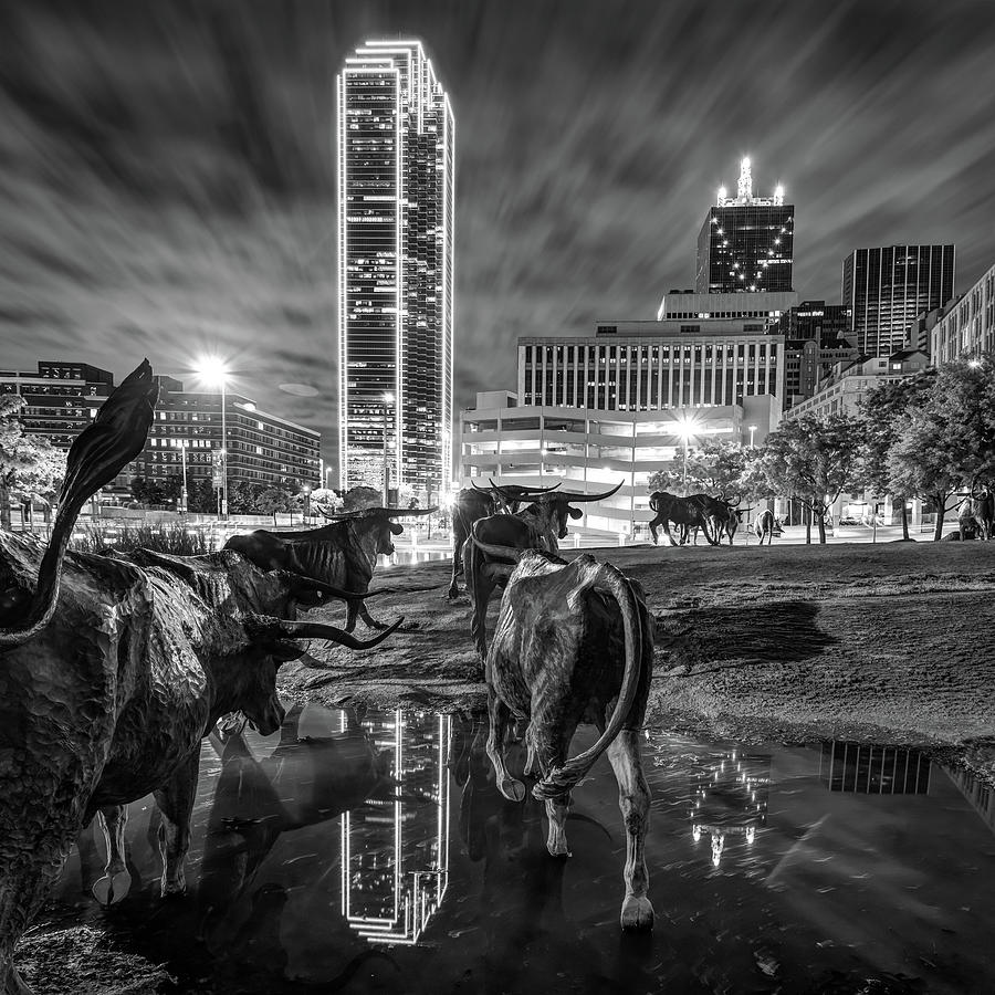 Black And White Photograph - Dallas Skyline and Texas Longhorn Cattle Drive Sculptures - Black and White by Gregory Ballos