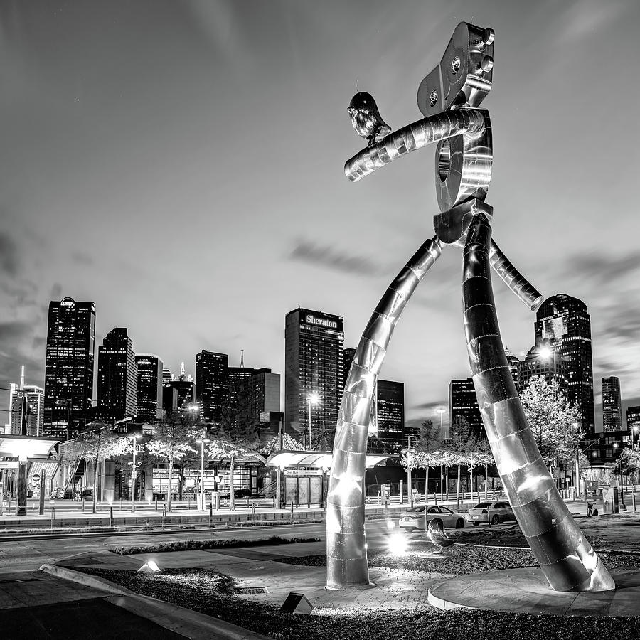 Dallas Skyline Photograph - Dallas Skyline and Traveling Man in Black and White - 1x1 by Gregory Ballos
