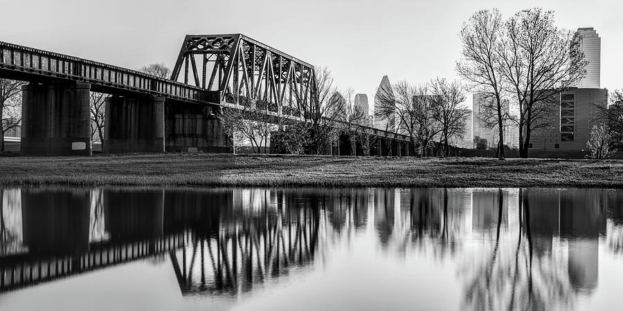 Dallas Skyline And Trinity River Panorama - Monochrome Photograph