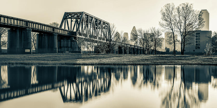Dallas Skyline and Trinity River Panorama - Sepia Photograph by Gregory Ballos