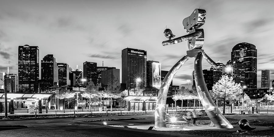 Dallas Skyline and Walking Tall Traveling Man Panorama - Monochrome Infrared Edition Photograph by Gregory Ballos