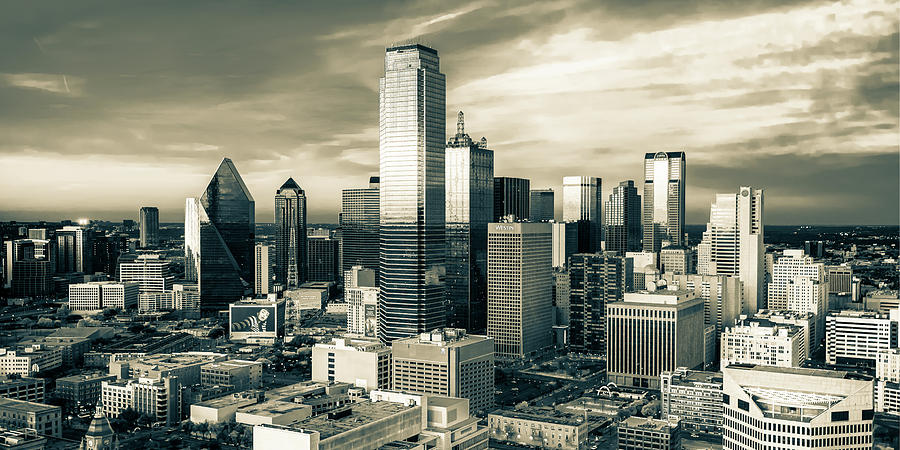 Dallas Skyline at Sunset - Texas Sepia Panorama Photograph by Gregory Ballos