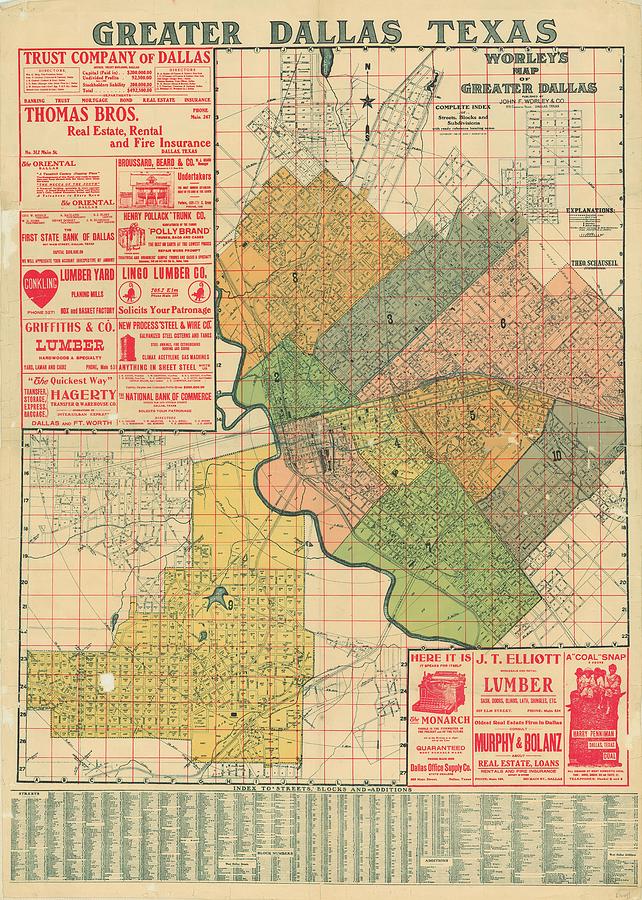 Dallas Texas Antique Map by Worley ca 1920 Drawing by History Prints ...