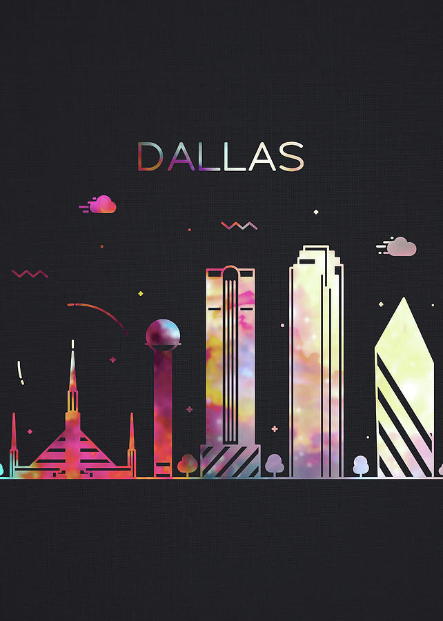 Dallas Texas City Skyline Whimsical Fun Dark Tall Series Mixed Media By 