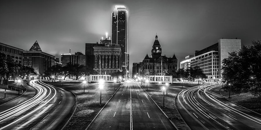 Dallas Texas Dealey Plaza Skyline Panoramic - Black and White Photograph by Gregory Ballos