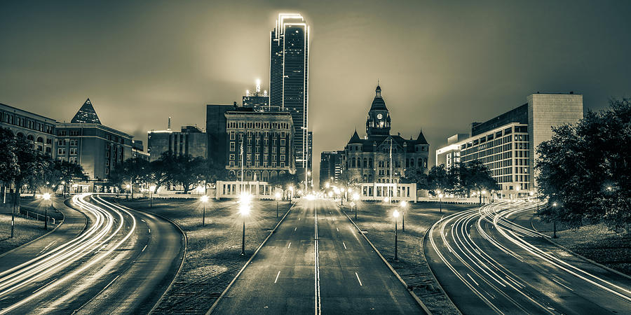 Dallas Texas Dealey Plaza Skyline Panoramic in Sepia Photograph by Gregory Ballos