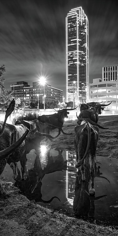 Black And White Photograph - Dallas Texas Longhorn Cattle Drive and Skyline - Vertical Monochrome Panorama by Gregory Ballos