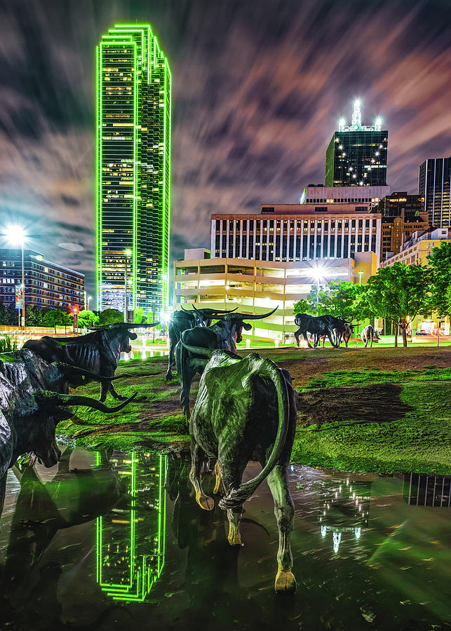 Texas Longhorns Photograph - Dallas Texas Longhorn Cattle Drive Sculptures and Skyline by Gregory Ballos