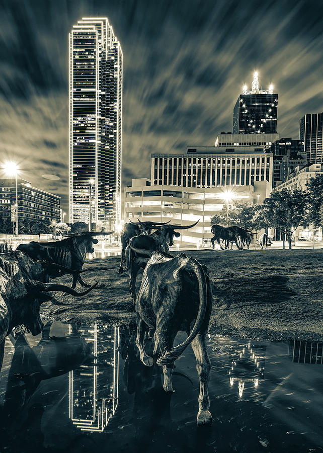 America Photograph - Dallas Texas Longhorn Cattle Drive Sculptures and Skyline in Sepia by Gregory Ballos