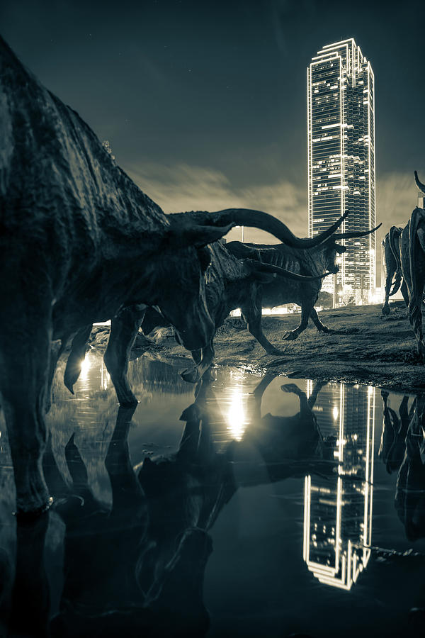 America Photograph - Dallas Texas Longhorn Cattle Drive Sculptures and Skyline Reflections - Sepia by Gregory Ballos