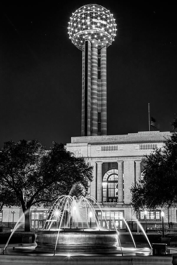 Black And White Photograph - Dallas Texas Reunion Tower and Fountain - Monochrome by Gregory Ballos