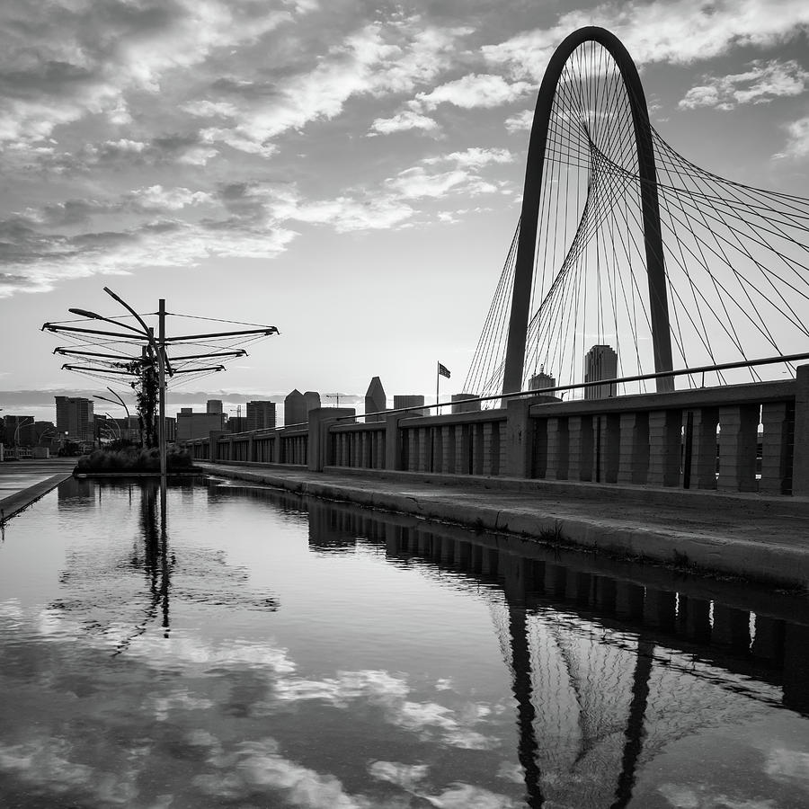 Dallas Texas Skyline and Margaret Hunt Bridge - 1x1 Black and White Photograph by Gregory Ballos