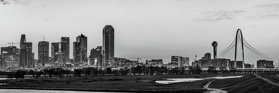 Dallas Texas Skyline Early Morning Panoramic Cityscape - Monochrome Photograph by Gregory Ballos