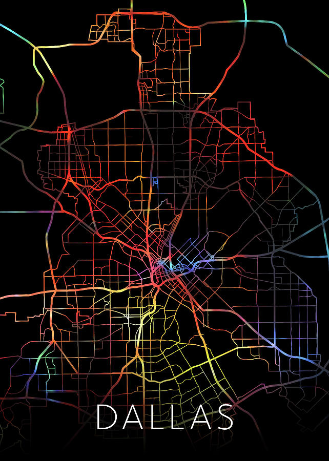 Dallas Mixed Media - Dallas Texas Watercolor City Street Map Dark Mode by Design Turnpike
