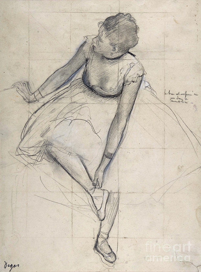 Dancer adjusting her shoe by Degas Drawing by Edgar Degas