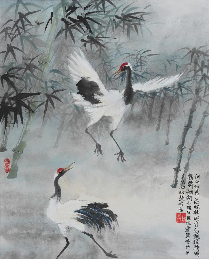 Dancing Cranes Painting by Jenny Sanders