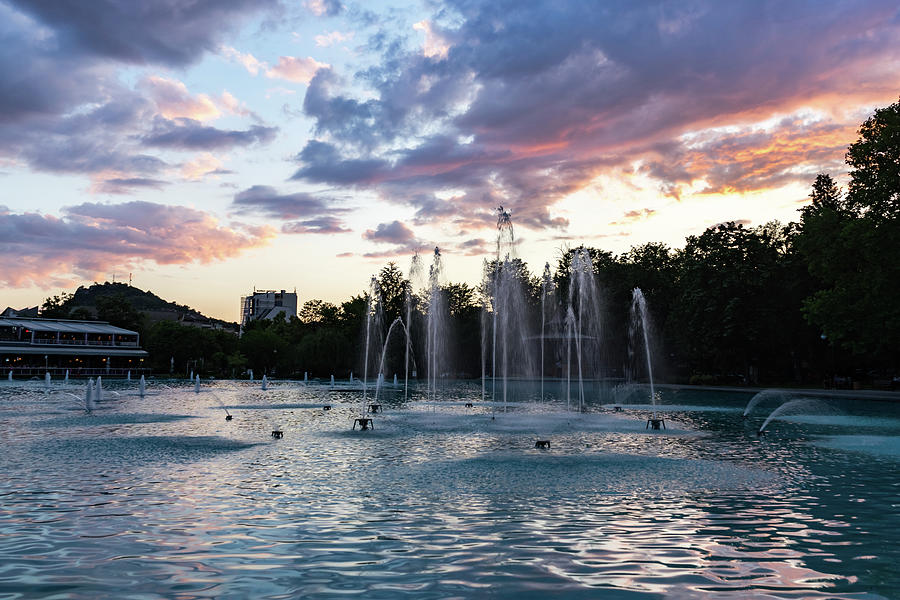 Dancing Jets and Music Sunset - Plovdiv Singing Fountains Photograph by Georgia Mizuleva