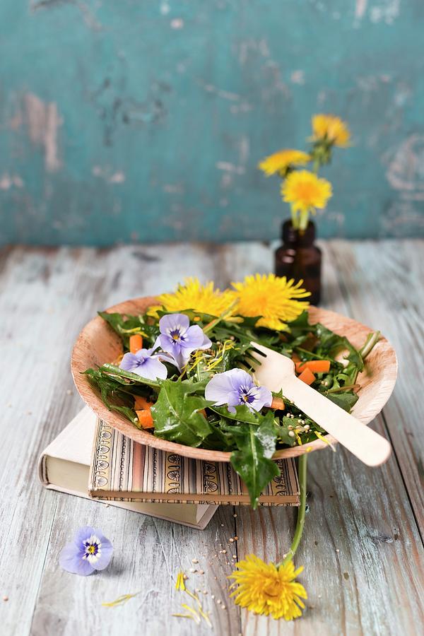Dandelion Salad With Carrots And Horned Violets Photograph by Mandy Reschke