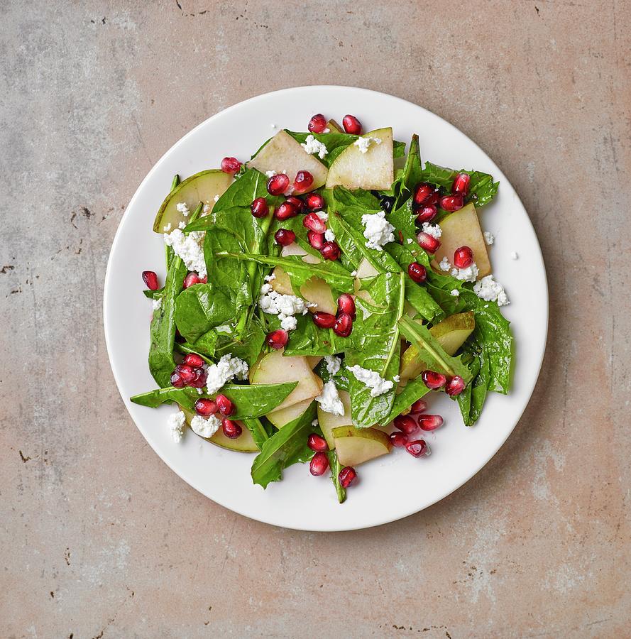 Dandelion Salad With Pear, Pomegranate Seeds And Cream Cheese Photograph by Maris Zemgalietis