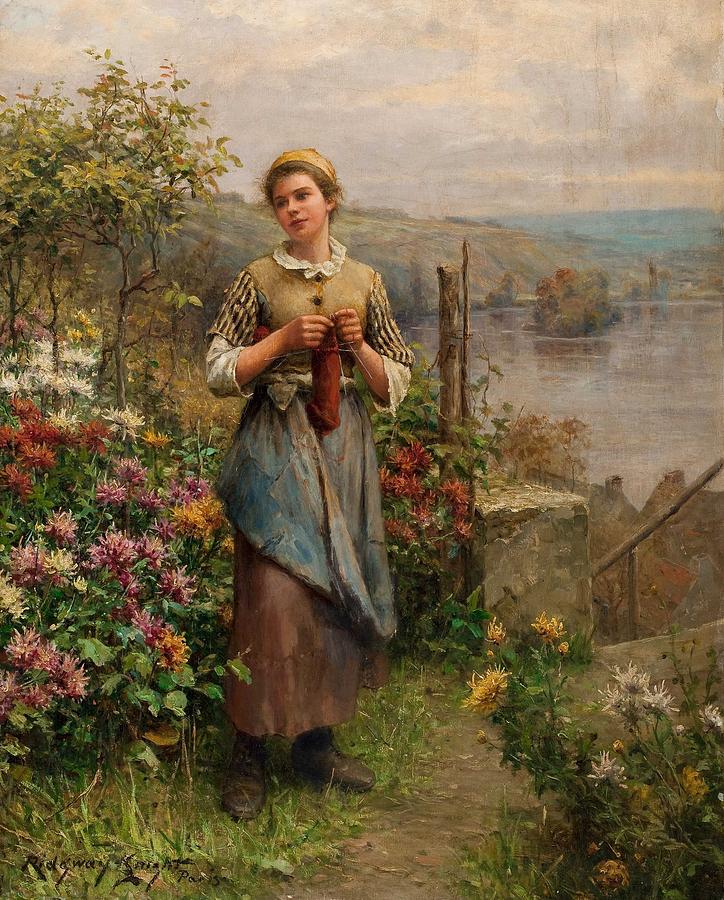 Daniel Ridgway Knight - Young Woman Knitting Painting