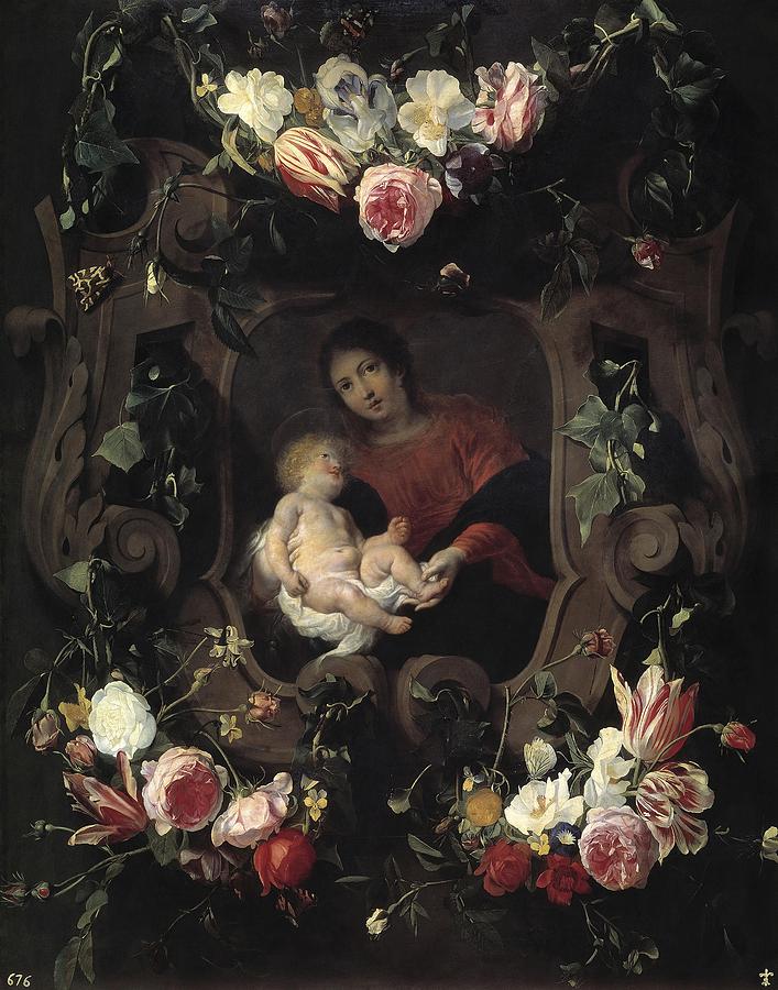 Daniel Seghers, Cornelis Schut / Garland with the Virgin and Child, 17th century, Flemish School. Painting by Daniel Seghers -1590-1661- Cornelis Schut -1597-1655-