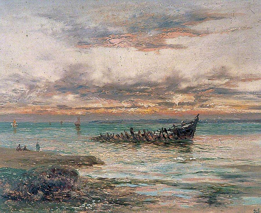 Daniel Sherrin  1869-1940 , The Wreck At Sunset, Seasalter, Kent Painting