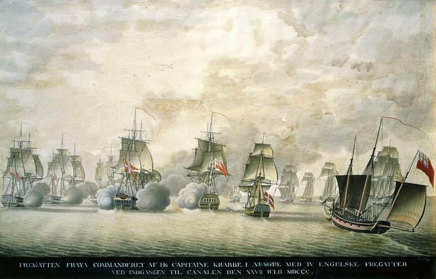 Danish Frigate Freya under Captain Krabbe attacks English ships 25.7.1800. Painting by Album