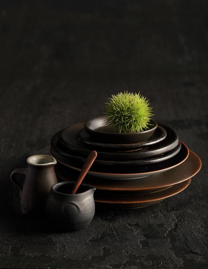 Dark Brown Ceramic Crockery With A Chestnut In Its Prickly Case Photograph by Garten, Peter