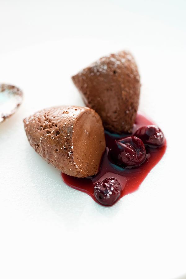 Dark Chocolate And Chilli Mousse With Cherry Compote Photograph by Michael Wissing