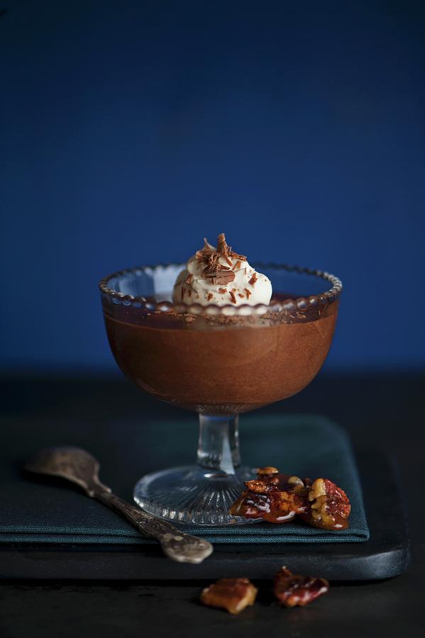 Dark Chocolate Mousse In A Dessert Glass With Whipped Cream, Chocolate Shavings And A Pecan Brittle Photograph by Magdalena Hendey