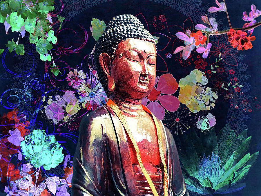 Flower Mixed Media - Dark Flowers Buddha by Delyth Angharad