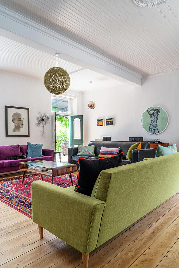 Dark Leather, Purple Velvet And Lime-green Sofas In Living Room Photograph by Barbara Cilliers