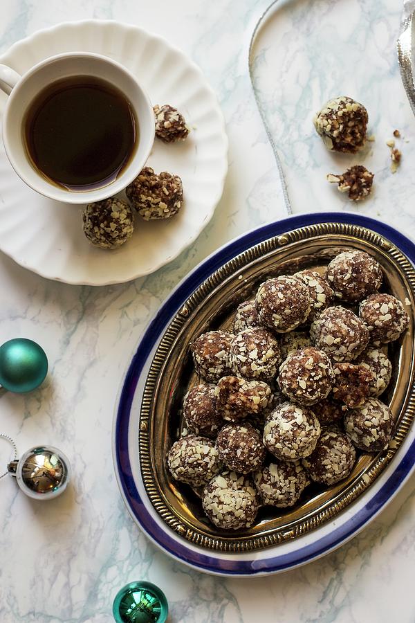Dates And Almond Truffles, No Sugar, Cup Of Coffee, Christmas Decorations Photograph by Zuzanna Ploch