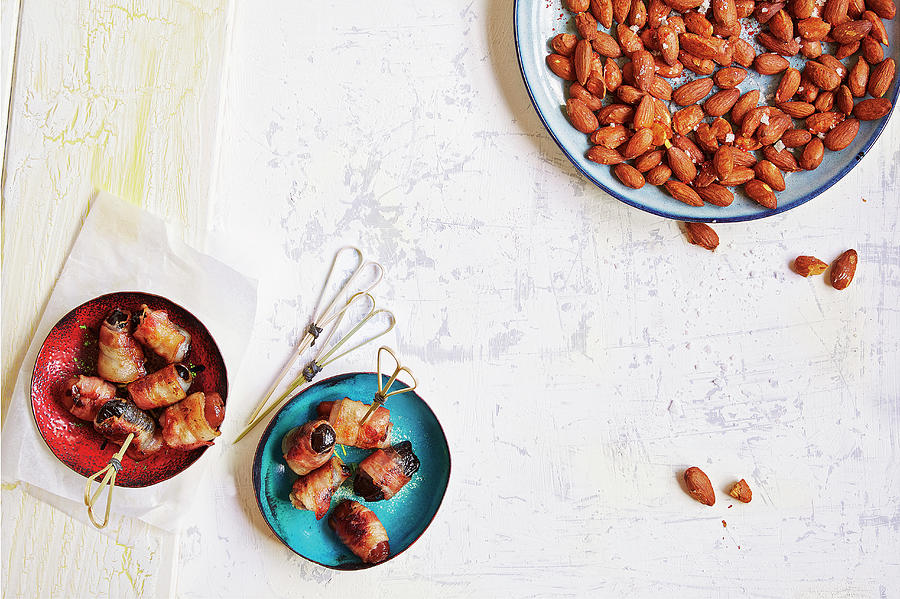 Dates And Plums Wrapped In Bacon And Spicy Snack Almonds football Evening Photograph by Tre Torri