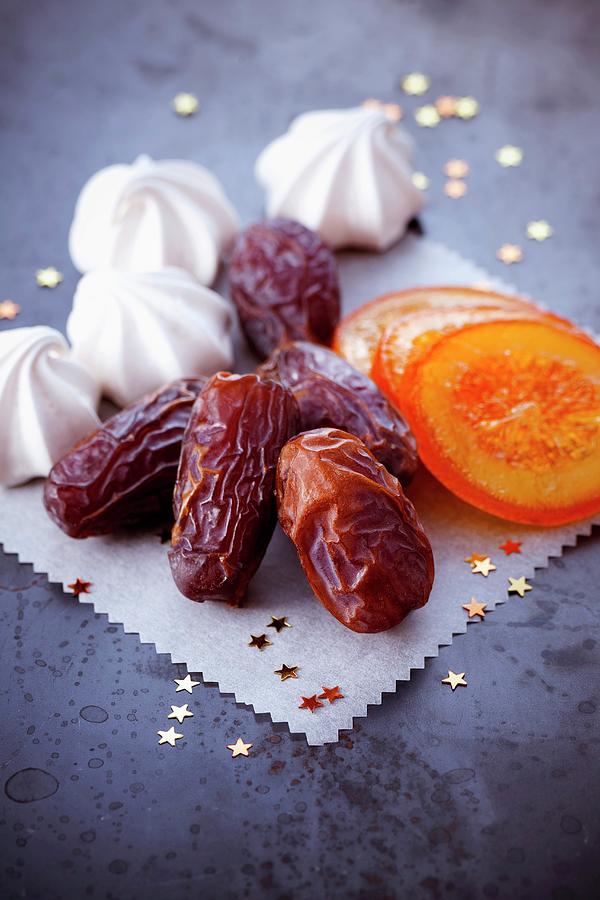 Dates, Meringues And Sliced Confit Oranges Photograph by Lorthios