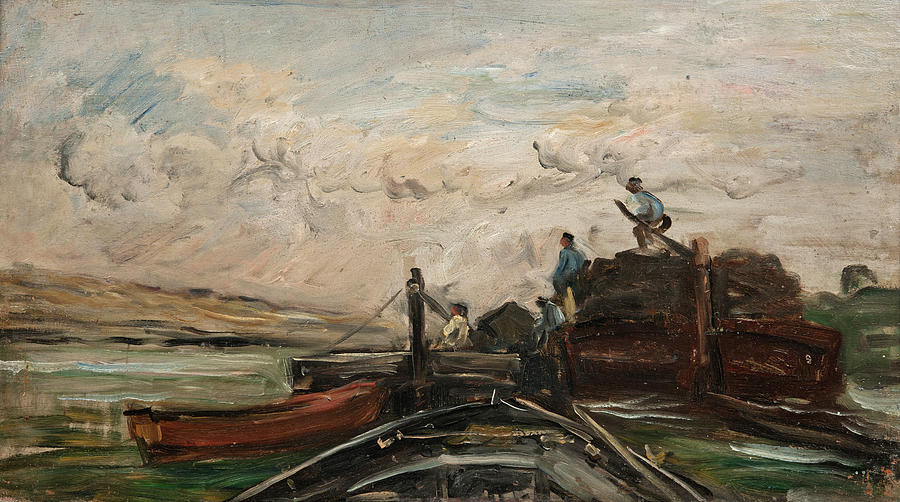 Daubigny: Barges Painting by Charles Francois Daubigny