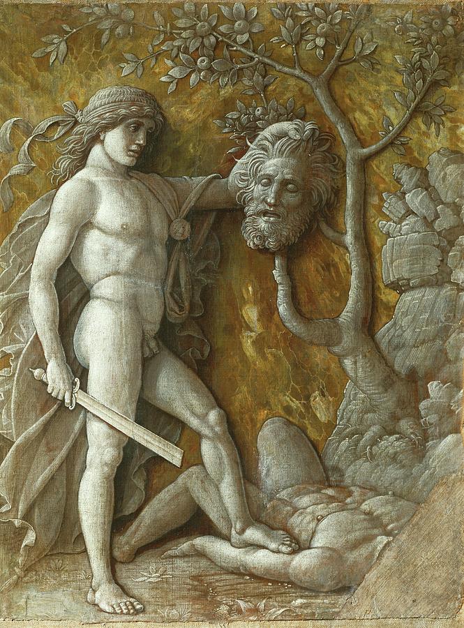 David and Goliath. Monochrome workshop painting Imitation of a relief -around 1490- 8.5 x 36 cm. Painting by Andrea Mantegna -1431-1506-