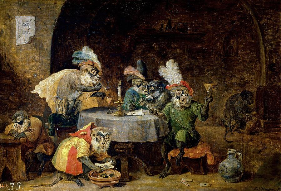 David Teniers / A Tavern Interior with Monkeys Drinking and Smoking, 17th century, Flemish School. Painting by David Teniers the Younger -1610-1690-