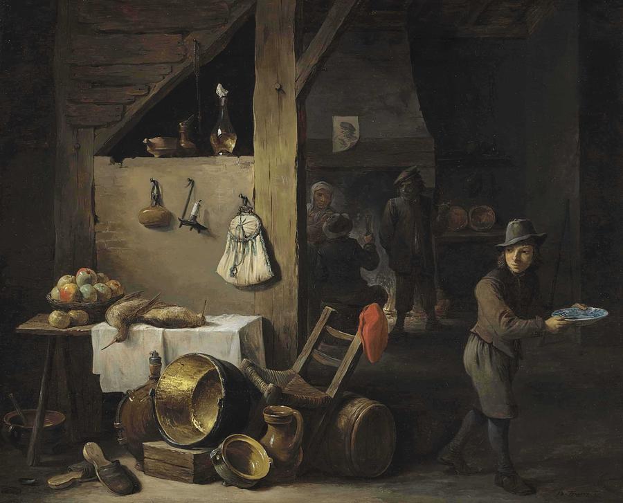 David Teniers II  Antwerp 1610-1690 Brussels A Kitchen Interior With A Young Boy And Three Figures Painting