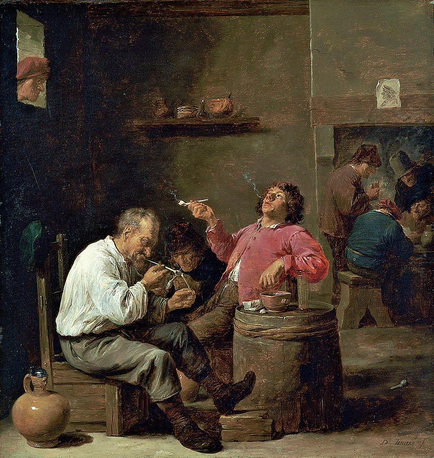 David Teniers II -Antwerp, 1610-Brussels, 1690-. Smokers in an Interior -ca. 1637-. Oil on panel.... Painting by David Teniers the Younger -1610-1690-