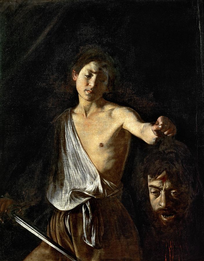 David with the head of Goliath, c.1605-1610, oil on canvas, 125 cm x 100cm. CARAVAGGIO. Painting by Caravaggio -c 1570-1610-