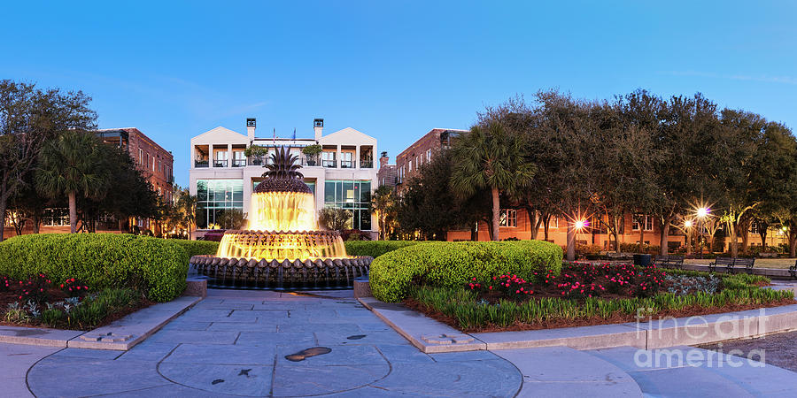 Dawn Panorama of Pineapple Fountain and City Gallery at Charleston Waterfront Park -  Photograph by Silvio Ligutti