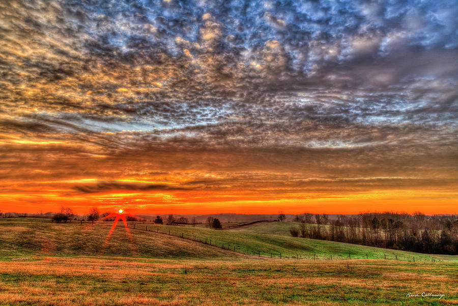 Madison County GA Dawns Rays Hayfield Sunrise  Georgia Farm Landscape Art Photograph by Reid Callaway