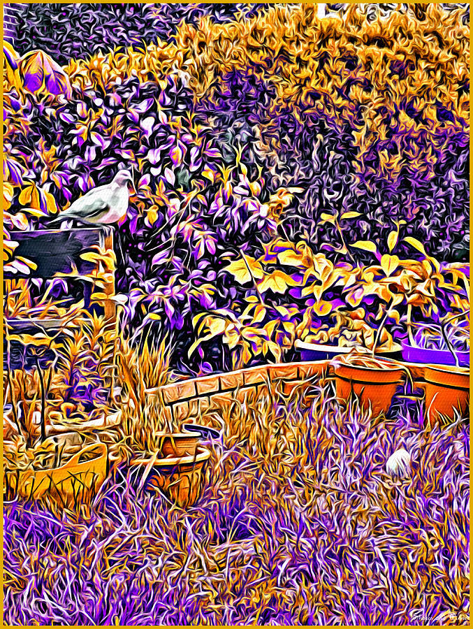 Dayglow Garden with a Pigeon and egg, Abbie Shores FAA Challenge 19 Mixed Media by Lise Winne